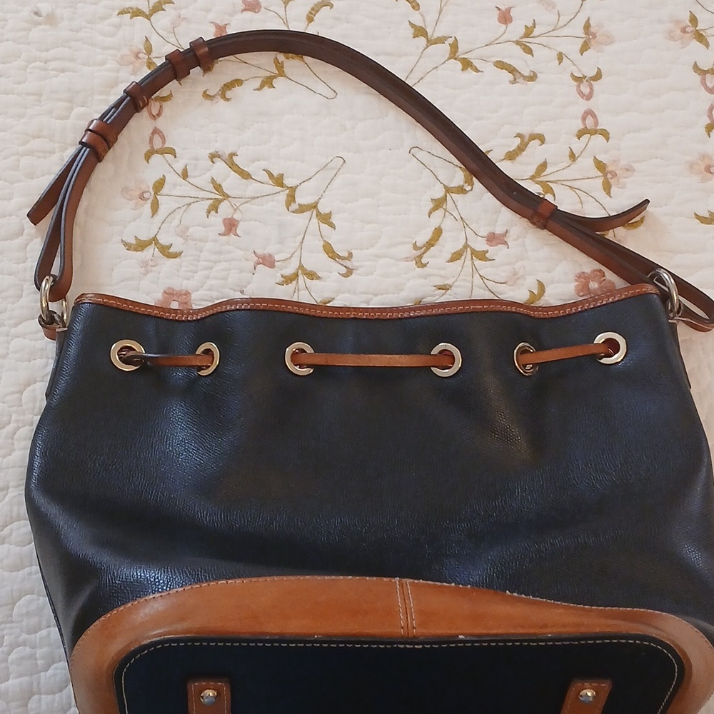 Dooney & Bourke Navy Leather Trim Drawstring Bucket Bag - Picture 3 of 10